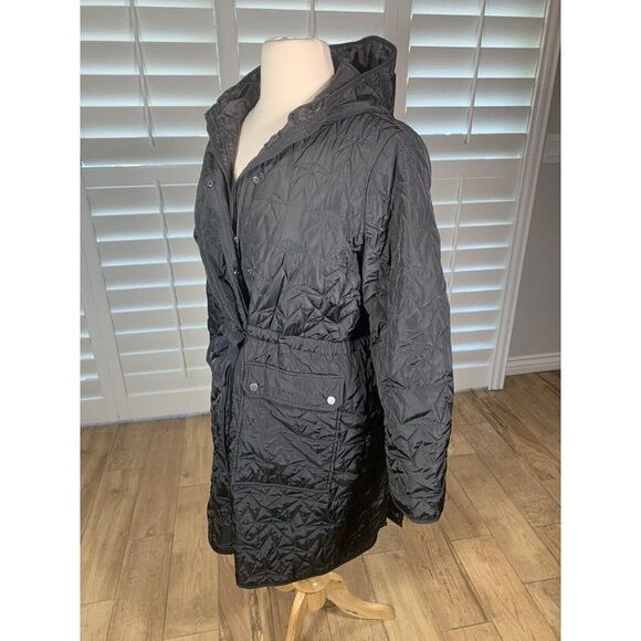 Avec Les Filles Black Anorak Quilted Star Parka Coat Large Hooded Cinched Winter - Picture 4 of 12